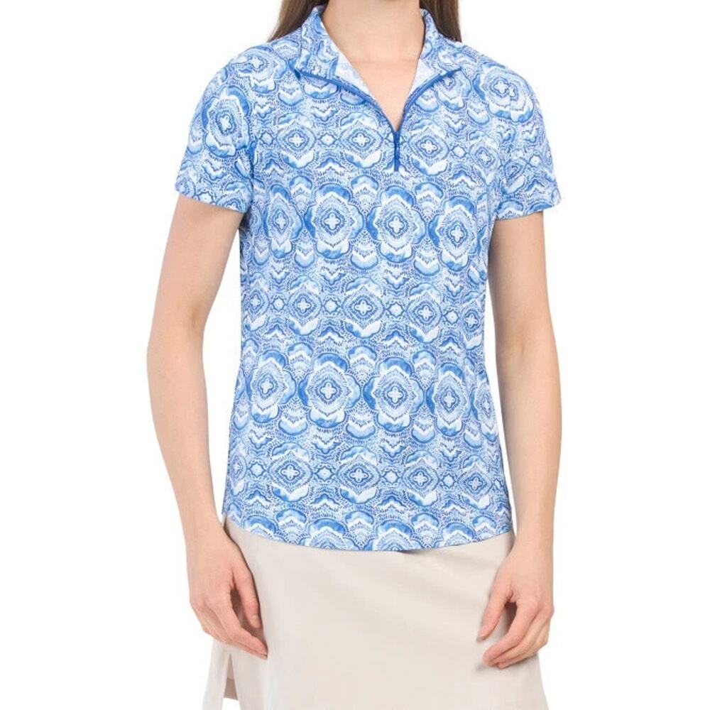 Ibkul Venetian Tiles Short Sleeve Zip Mock Neck Top Medium